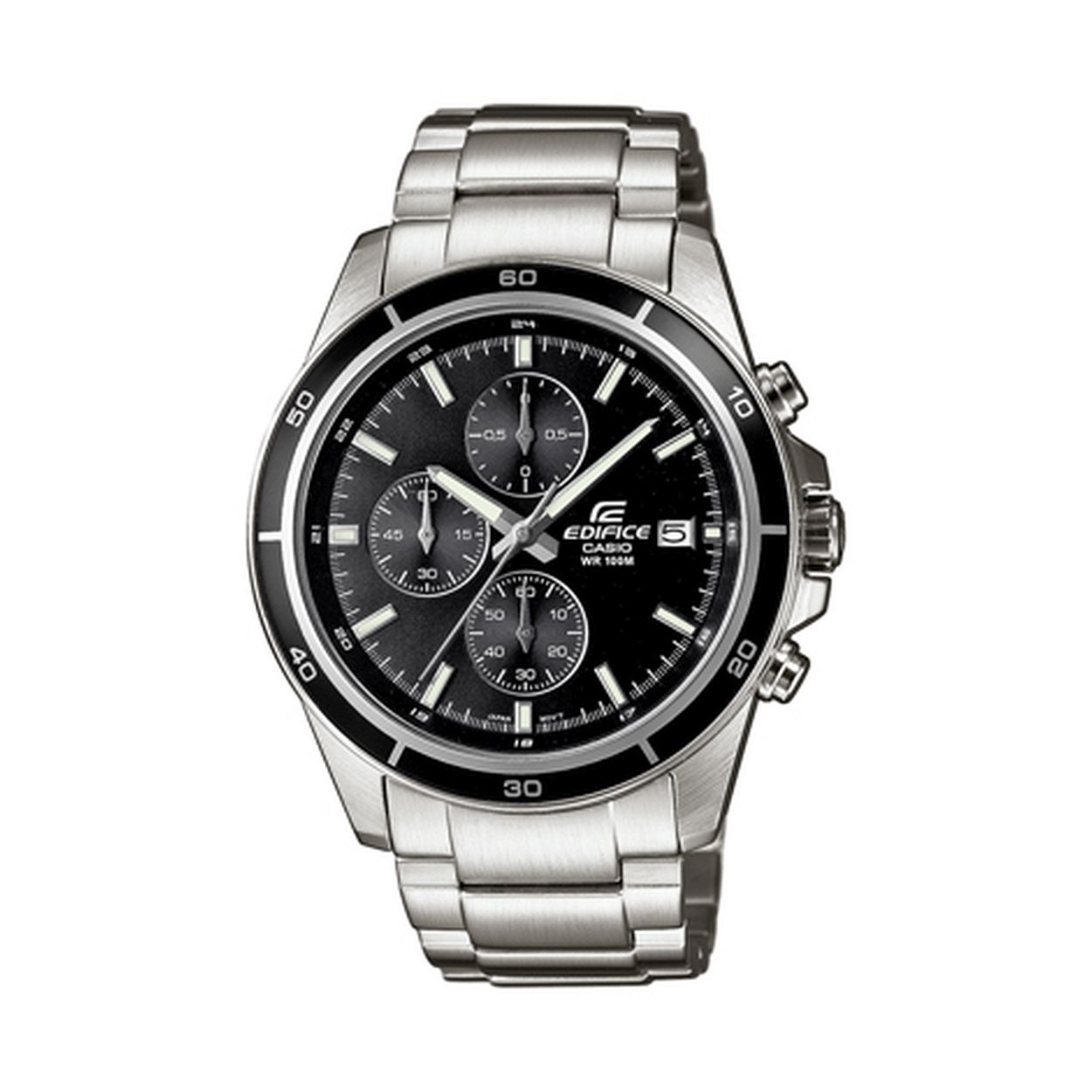 Dit Casio Edifice horloge heeft een stalen band en kast. De wijzerplaat is zwart met witte indexen en wijzers. Het horloge is voorzien van een stopwatch functie, datum aanduiding en is 10atm waterdicht