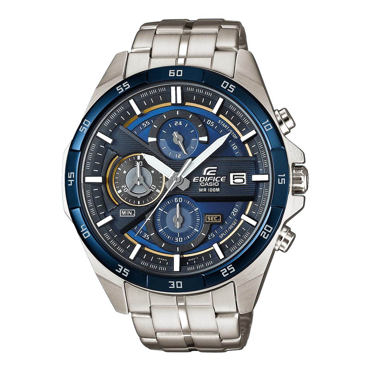 Dit Casio Edifice horloge heeft referentienummer EFR-556DB-2AVUEF.

Dit Casio Edifice horloge heeft een blauwe wijzerplaat met gouden rand. De meerlaagse wijzerplaat zorgt ervoor dat de wijzerplaat goed afleesbaar is. Het horloge heeft een stopwatch functie en is waterbestendig tot 10atm. De kast en band zijn gemaakt van staal.
