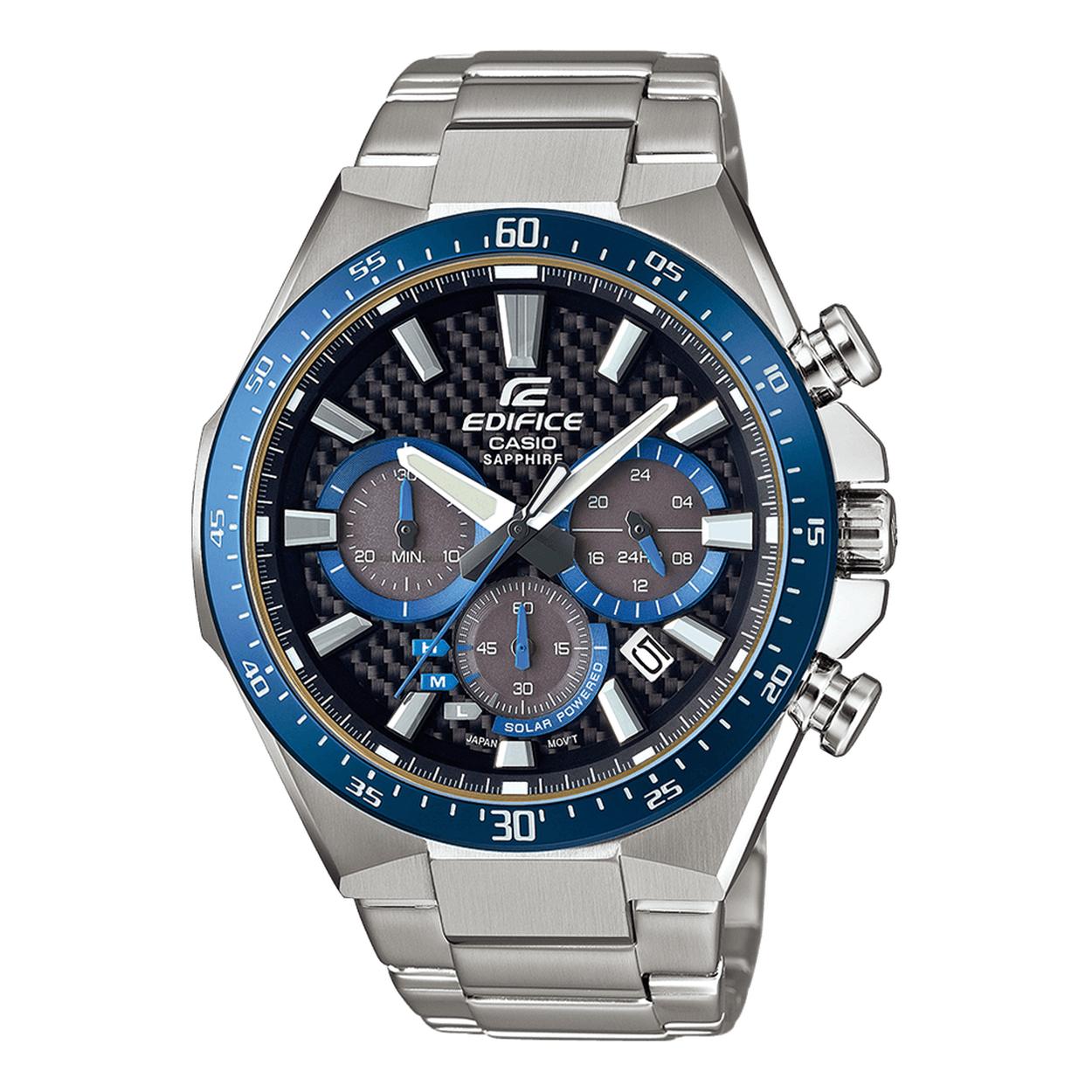 Dit Edifice horloge komt uit de EDIFICE PREMIUM-COLLECTIE. De zwarte wijzerplaat wordt beschermd door saffierglas. De band is gemaakt van edelstaal. Dit horloge werkt op zonne-energie.