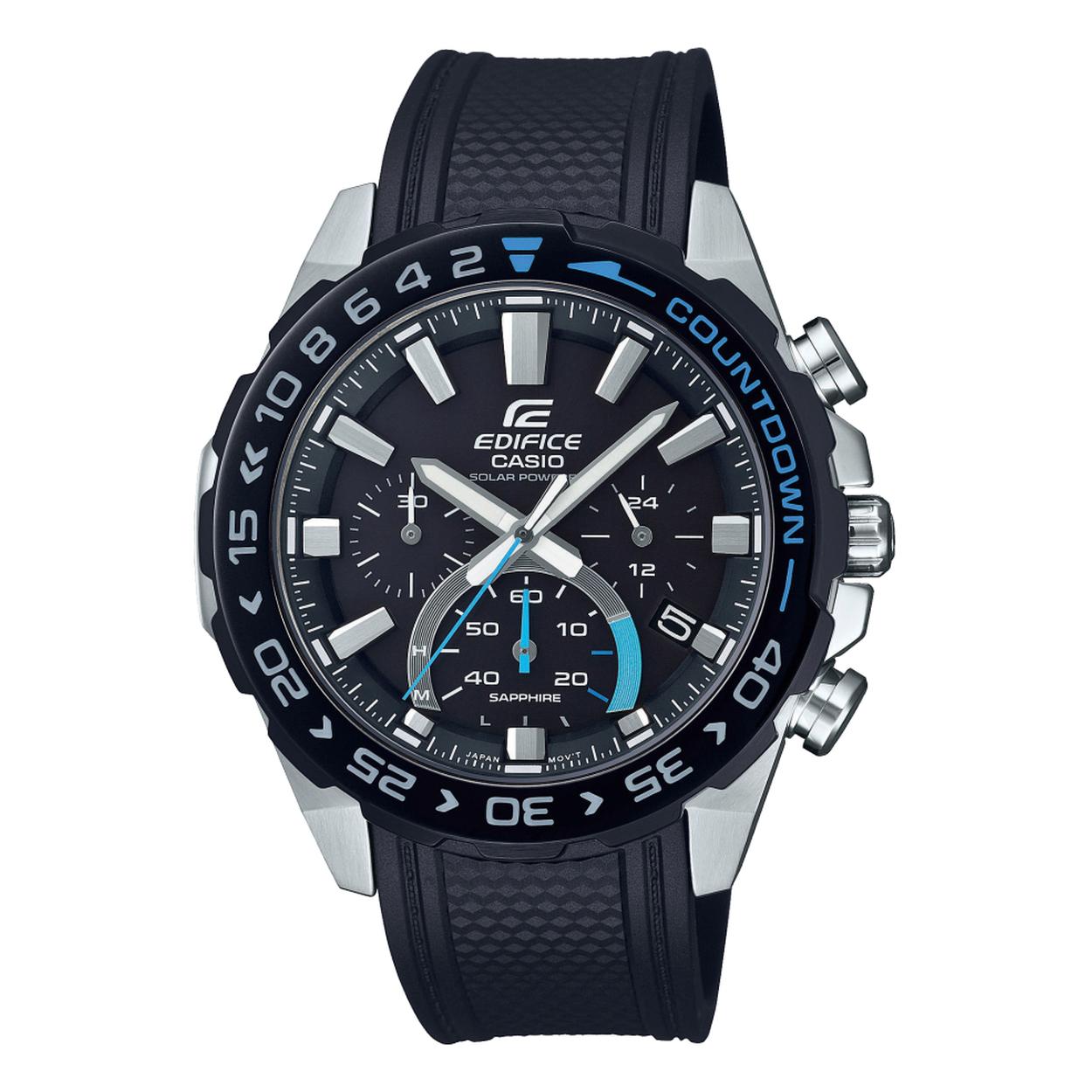 Dit Edifice horloge komt uit de EDIFICE PREMIUM-COLLECTIE. De zwarte wijzerplaat wordt beschermd door saffierglas. De band is gemaakt van kunststof. Dit horloge werkt op zonne-energie.