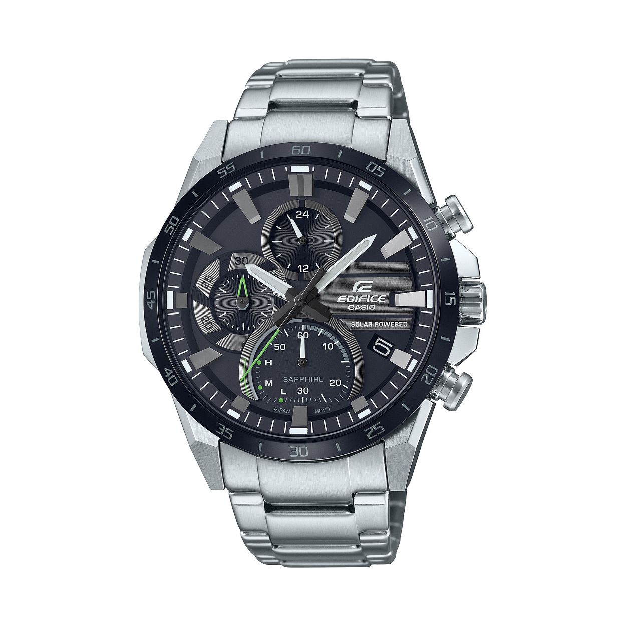 Dit is een Casio horloge uit de collectie EDIFICE Premium. 
Dit horloge heeft de volgende specificaties: 

Kast: 
Kastmateriaal: Massieve roestvrijstalen kast
Kasthoogte: 49.5 mm
Kastbreedte: 45.5 mm
Kastdikte: 12.2 mm

Band: 
Sluiting: Veiligheidssluiting
Bandmateriaal: Edelstalen armband

Overige specificaties: 
Gewicht: 132 gram
Glassoort: Saffierglas
Waterdichtheid: Classificatie waterbestendigheid (10 bar)
Indicator batterijcapaciteit
Datumweergave
Neo-display
Lichtenergie
Stopwatchfunctie - 1/1 sec. - 30 min.
Verschroefde horlogekastbodem
Batterij: TS920E
ACCURATIE: +/- 20 sec