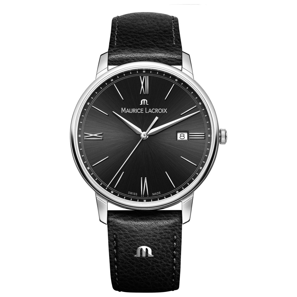Maurice Lacroix EL1118-SS001-310-1.
Eliros Date 40MM Quartz horloge. Edelstalen kast 40mm dubbel ontspiegeld Saffier glas 5ATM Waterdicht met zwarte wijzerplaat en zwart lederen band.
