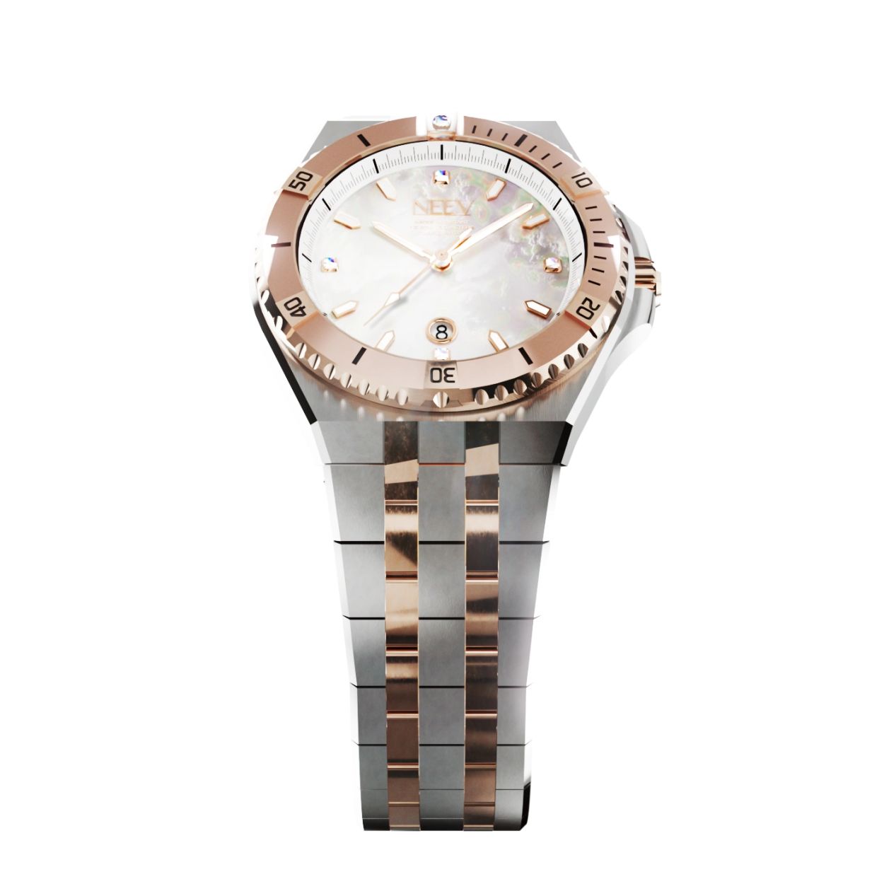 De Date34 is ons nieuwste model. Dit 34mm dameshorloge is er in 14 varianten. Dit nieuwe model is standaard uitgevoerd met 5 Swarovski stenen, hoogwaardig staal, saffierglas met AR coating en een parelmoer wijzerplaat.