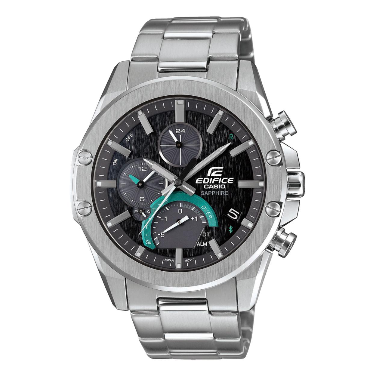 Dit Edifice horloge komt uit de 'EDIFICE BLUETOOTH'-COLLECTIE. De zwarte wijzerplaat wordt beschermd door saffierglas. De band is gemaakt van edelstaal. Dit horloge werkt op zonne-energie.
