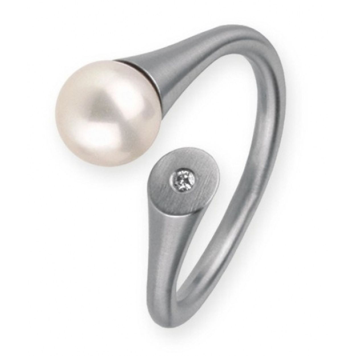 Stalen ring met Parel en Briljant TW/SI 0.016 crt