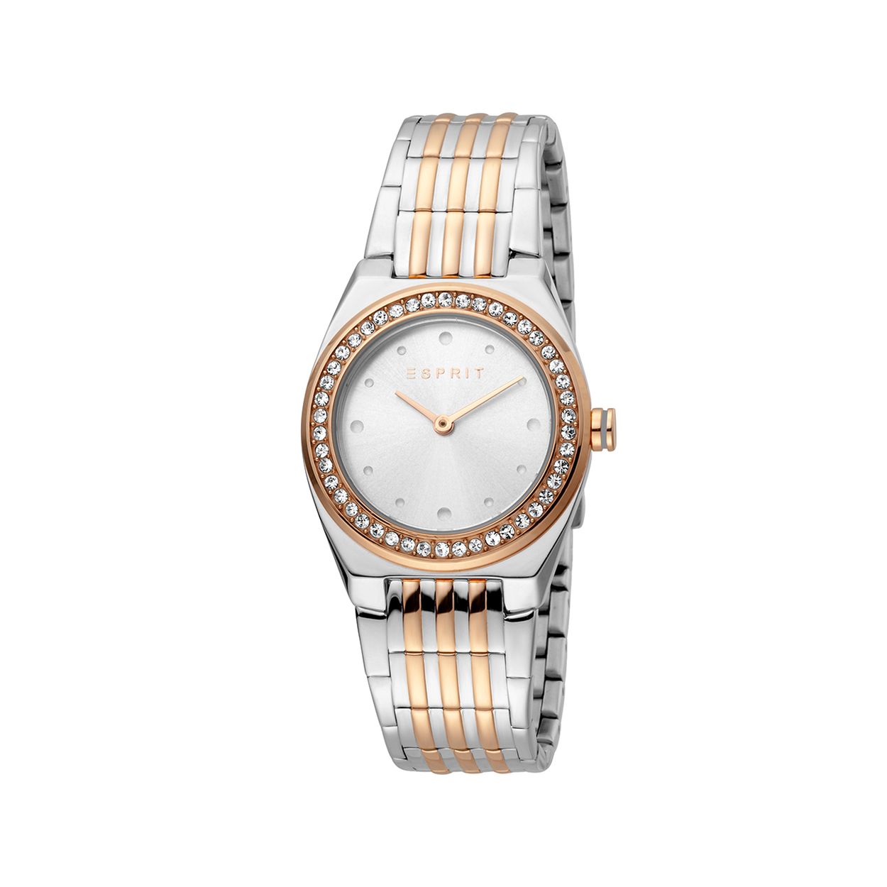 Esprit ES1L148M0095 Spot
Dit dameshorloge uit de Spot serie van Esprit heeft mineraalglas, een zilverkleurige wijzerplaat en een bicolor ros� stalen horlogekast met een kastdiameter van 30 mm. De bicolor ros� band van het horloge is van staal en kan op maat worden gemaakt door er schakels uit te halen met een horlogeband inkortset. 

HET MERK
Esprit is ��n van de meest succesvolle en innovatieve lifestyle brands ter wereld. Het is een merk met charme, natuurlijke uitstraling en Intu�tie voor trends.
Binnen het motto van het merk �Quality first� bieden ze elegante nieuwe stijlen aan met een casual touch die geschikt zijn voor iedere dag. De ruime collectie horloges en sieraden voor zowel dames als heren zijn draagbaar op iedere gelegenheid en gericht op de trends van nu. Esprit blijft continue verrassen met dat beetje extra charismatische Joie de vivre.

SPECIFICATIES
- Mineraalglas
- Ronde kastvorm, 30 mm
- Bicolor ros� stalen horlogekast bezet met stenen
- Zilverkleurige wijzerplaat
- Bicolor ros� stalen horlogeband 
- 3 ATM

INKORTEN BAND
De band van het horloge kan op maat worden gemaakt door er schakels uit te halen met een horlogeband inkortset.