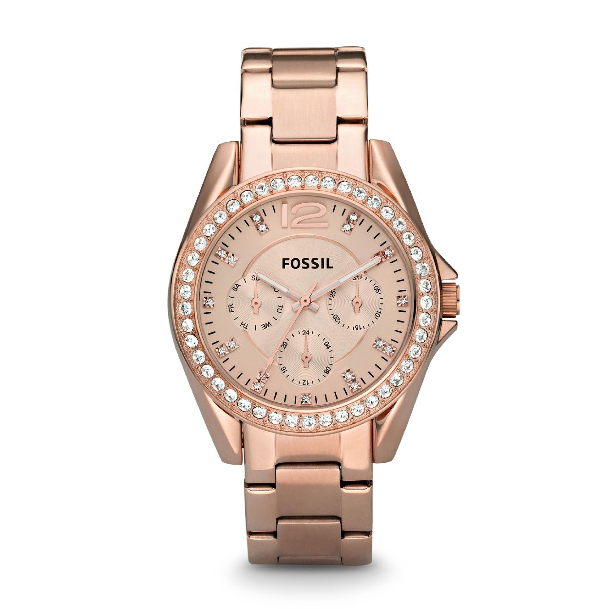 Fossil ES2811 Riley horloge beschikt over een rosé gouden kleur ronde kast met stralende zirkonia's in de lunet. Behalve een tijdsweergave heeft dit horloge ook nog een dag en datum aanduiding. Dit model heeft een quartz uurwerk en sterk mineraal glas, hard horloge glas. 