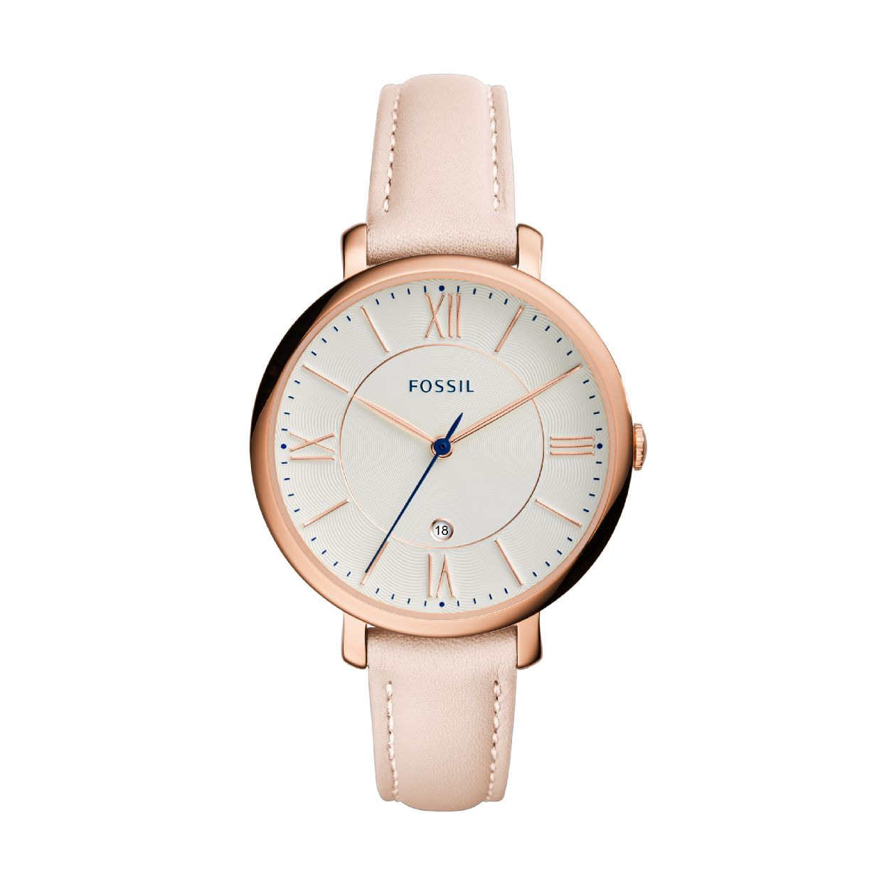 Fossil dames horloge, lichte kleur band, rosé kleurige kast, lichte wijzerplaat.