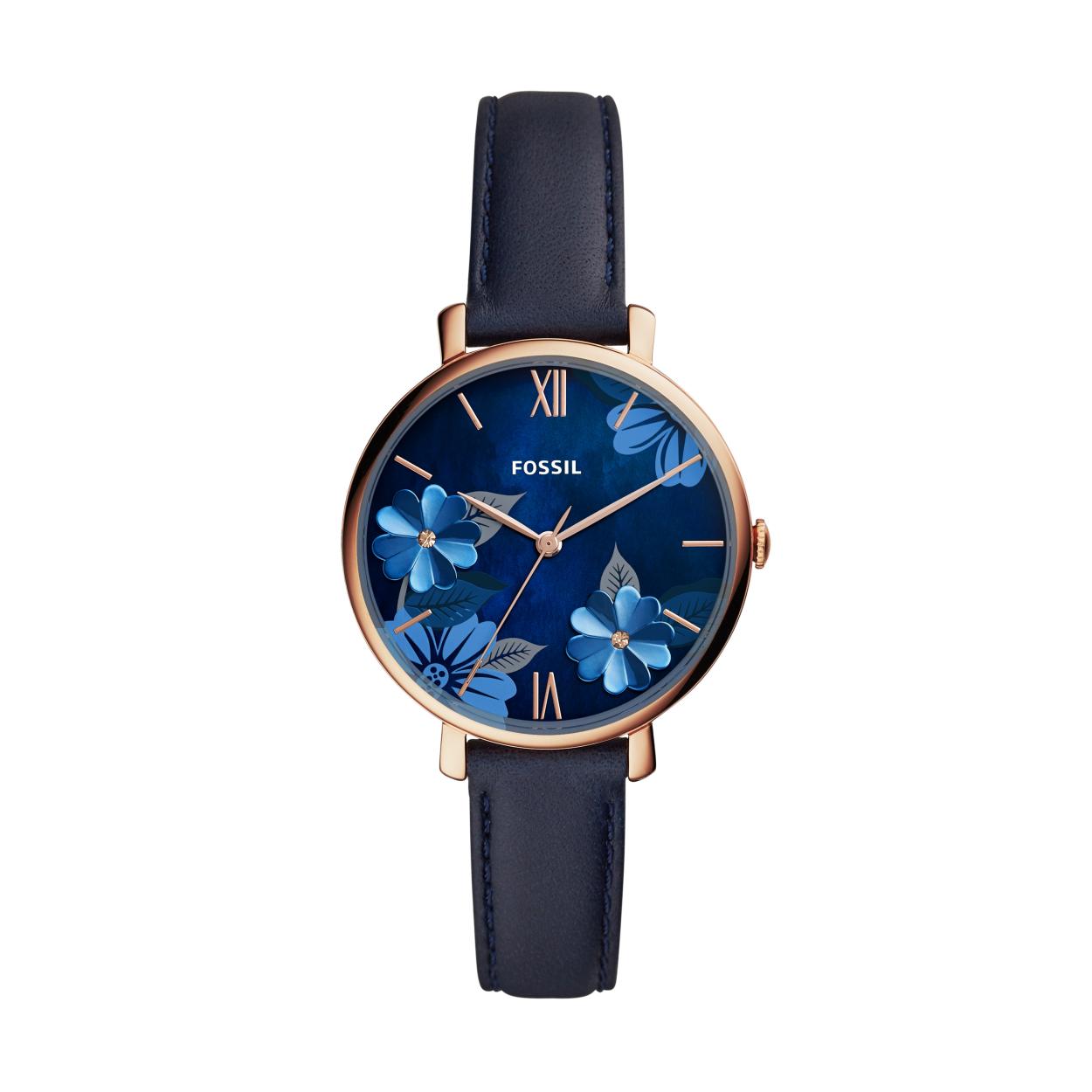 Fossil damesuurwerk ES4673
Collectie: Jacqueline
Rosékleurige kast, donkerblauwe lederen band
Speciale wijzerplaat met bloemen
Waterdichtheid: 5 ATM