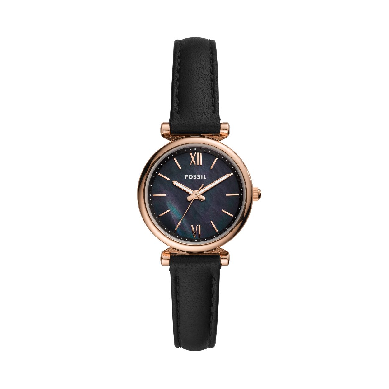 Dit Fossil horloge, uit de Carlie collectie, heeft een rosé vergulde stalen kast en een zwarte lerenband. De wijzerplaat is blauw parelmoer met rosékleurige indexen en wijzers