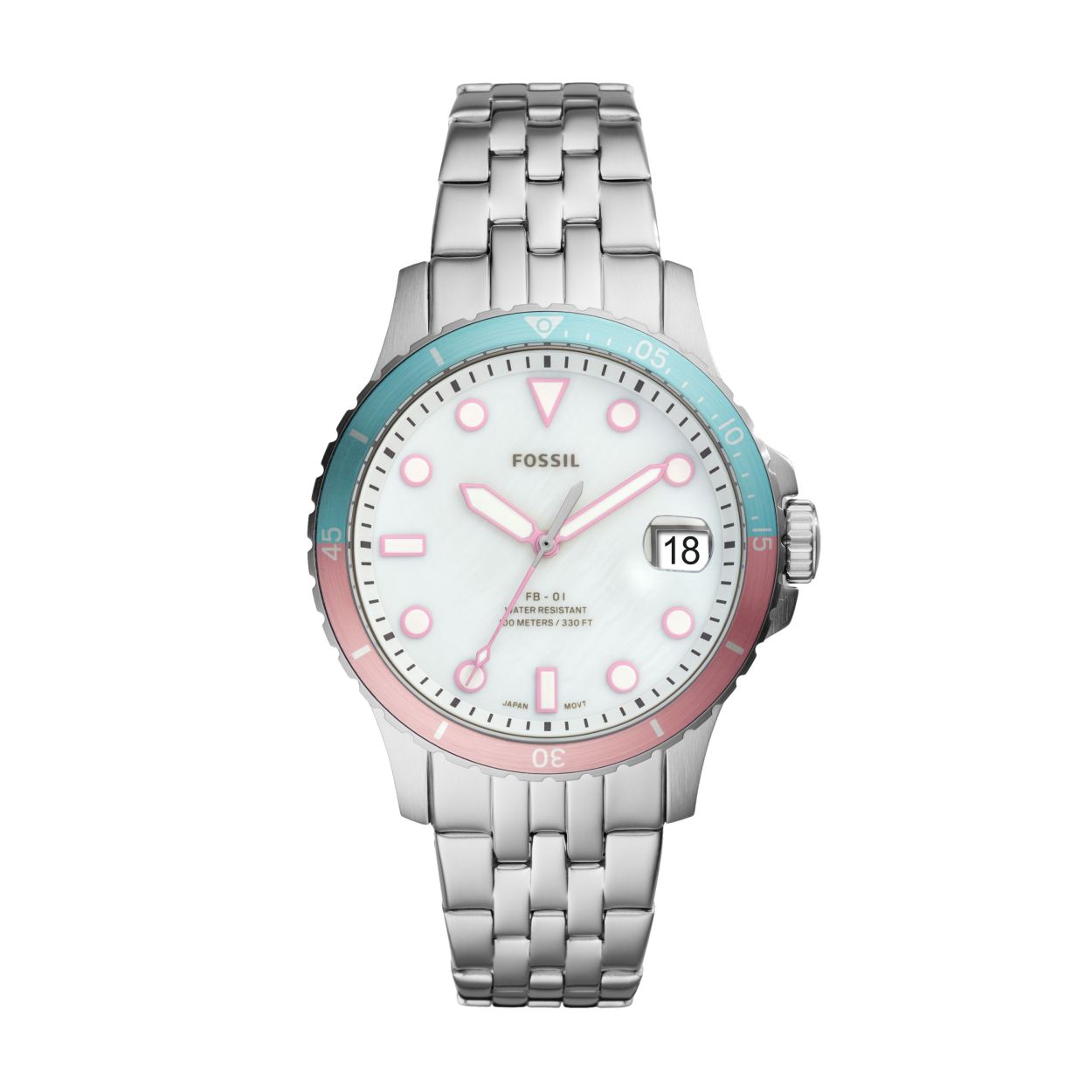 Damesuurwerk van Fossil uit de 'FB-01' collectie - Zilverkleurige band en kast - lunette in blauw/roze - parelmoerkleurige wijzerplaat met datumaanduiding - Waterdichtheid: 10 ATM