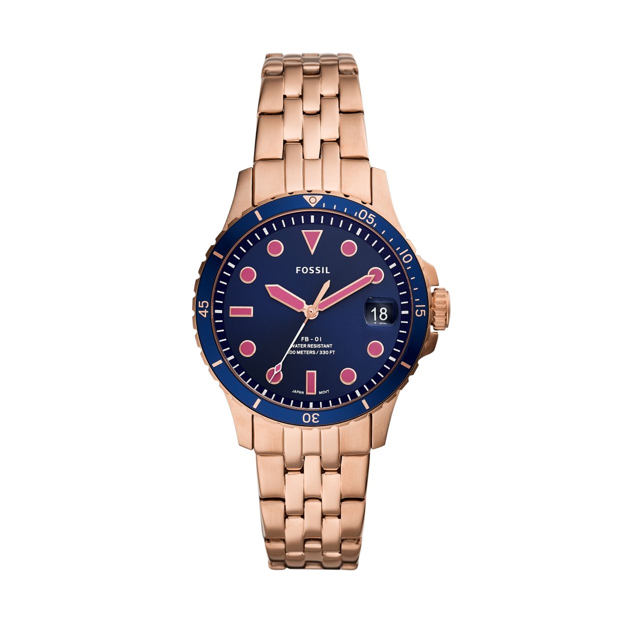 Damesuurwerk van Fossil uit de 'FB-01' collectie - Rosékleurige band en kast - lunette in donkerblauw - donkerblauwe wijzerplaat met roze details en datumaanduiding - Waterdichtheid: 10 ATM