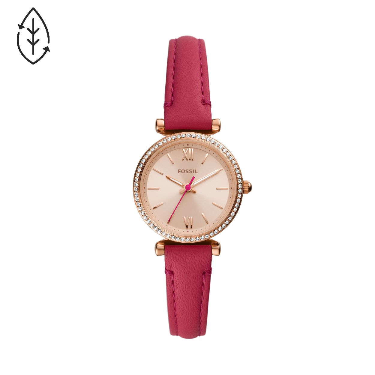 Dit dameshorloge is van het merk Fossil. Het is een horloge gemaakt van leer. De diameter van de kast is 28 mm.
 De verdere specificaties van het horloge zijn als volgt:
Bandbreedte (mm): 10
Kastmateriaal: edelstaal
Techniek: quartz