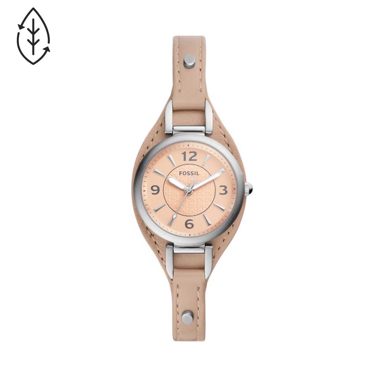 Dit Carlie horloge van 28�mm heeft een satijnen wijzerplaat, een uurwerk met drie wijzers en een lattebruin eco-leren bandje.