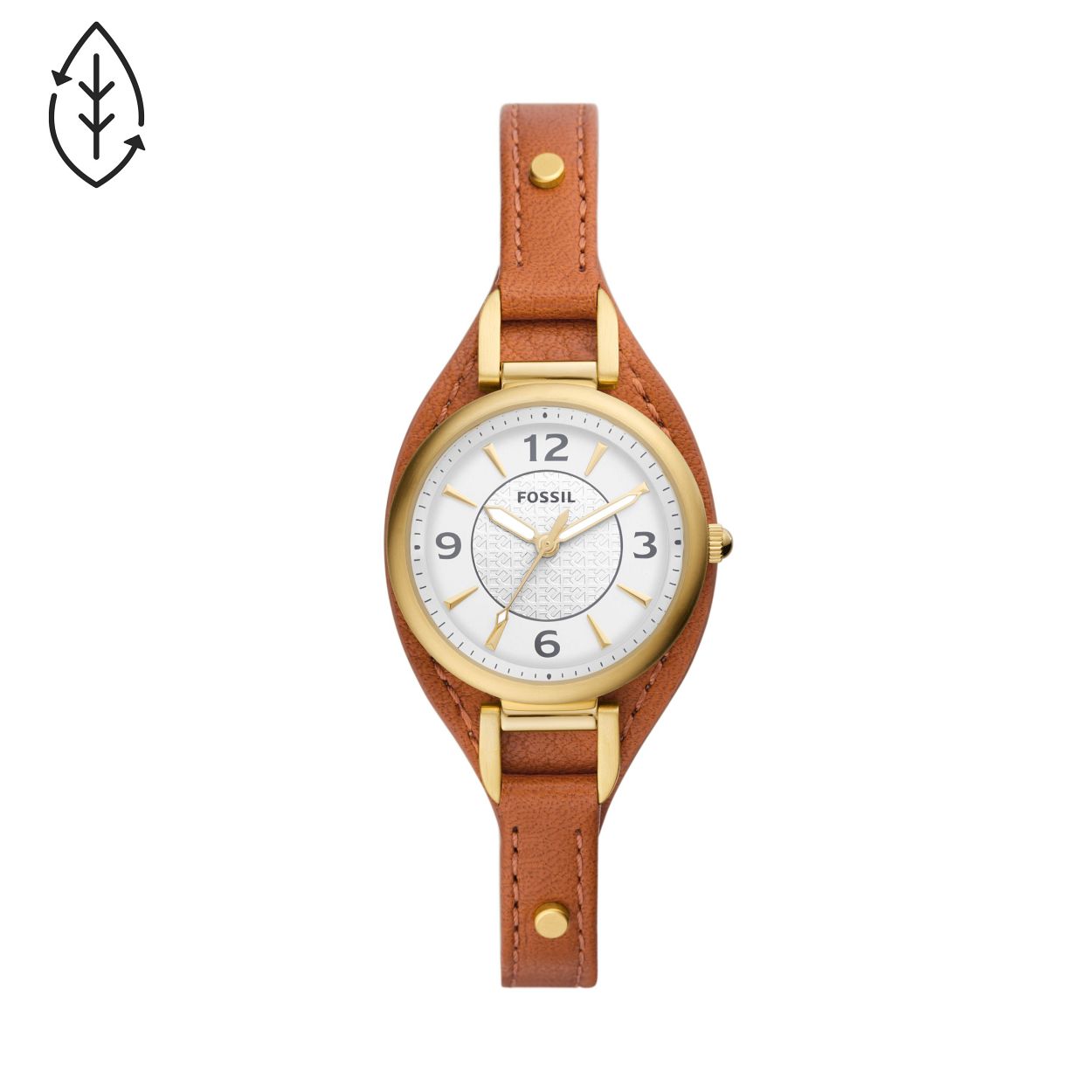 Dit Carlie horloge van 28�mm heeft een witte satijnen wijzerplaat, een uurwerk met drie wijzers en een mediumbruin eco-leren bandje.