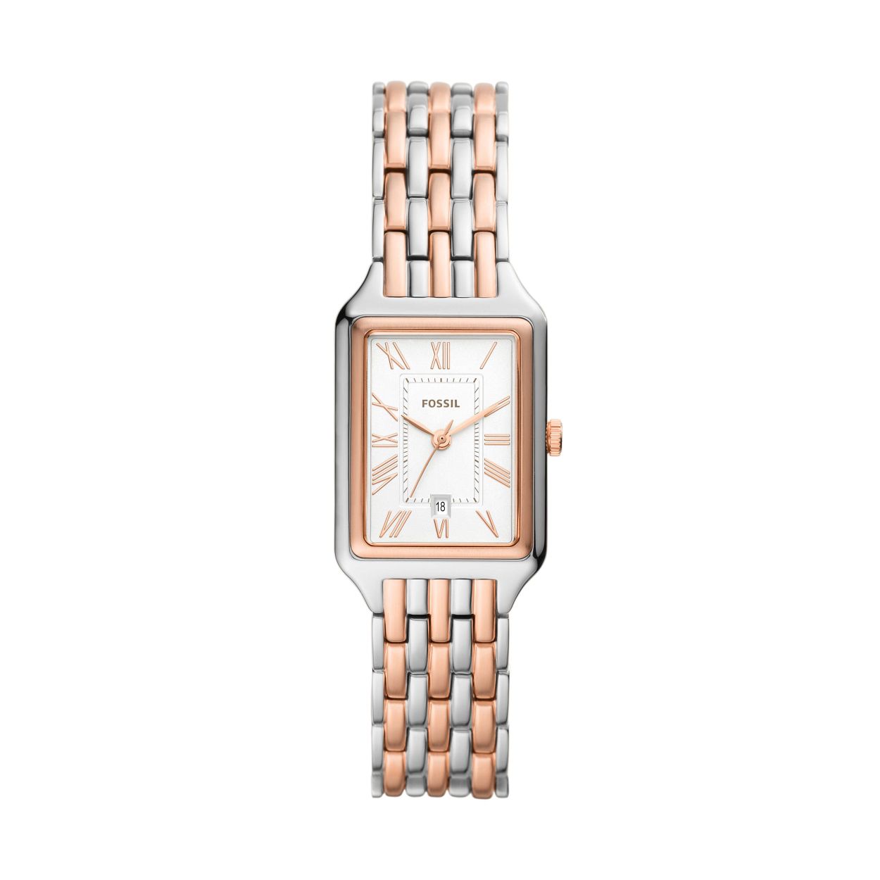 Dit Raquel horloge van 23�mm heeft een zilveren satijnen wijzerplaat, een uurwerk met drie wijzers en datum en een tweekleurige roestvrijstalen armband.