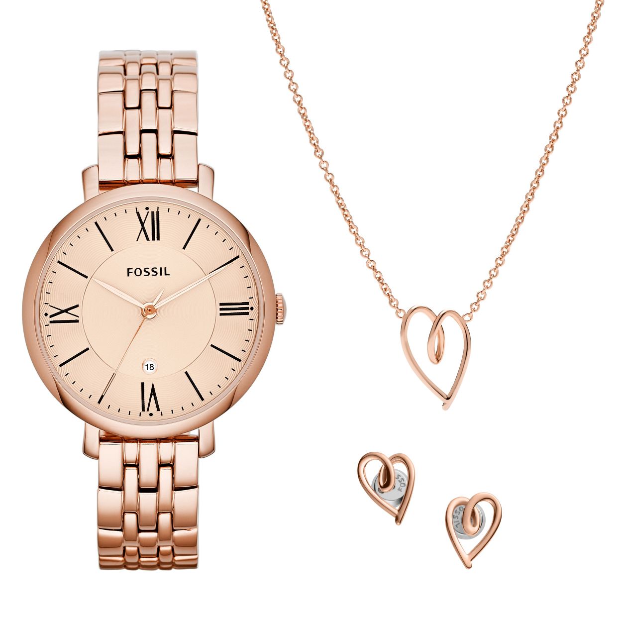Deze set bevat een Jacqueline horloge van 36�mm met een ros�goudkleurige getextureerde wijzerplaat, uurwerk met drie wijzers en datum, ros�goudkleurige roestvrijstalen armband, en een ros�goudkleurige roestvrijstalen hangerketting en oorknopjes.