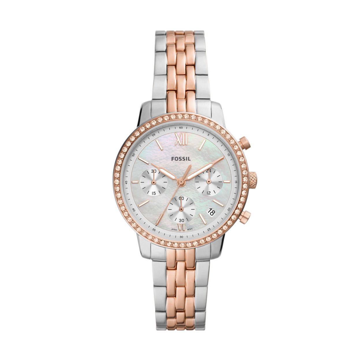 Het tijdloze ontwerp van Neutra, geïnspireerd door architectuur met zijn proporties en symmetrie, kan zowel chique als casual worden gedragen. Het heeft een zilverkleurige kast, roestvrijstalen armband met rosé goudkleurige accenten en een minimale witte parelmoeren wijzerplaat met quartz chronograaf uurwerk, 24-uurs tijd en een stopwatch.