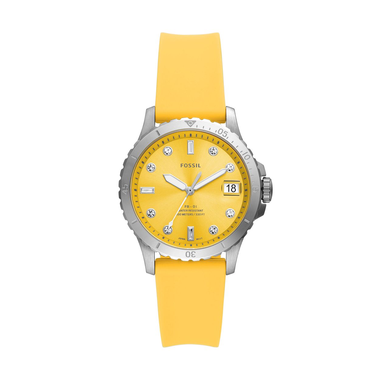 Duik in kleur met ons klassieke, op duiken ge�nspireerde FB-01 horloge. Het heeft een geel siliconen bandje, een zilveren bovenring, kristallen uuraanduiding en een lichtreflecterende gele sunray-wijzerplaat. Klaar voor het seizoen? Ja. Een echte statement maker? Ongetwijfeld.