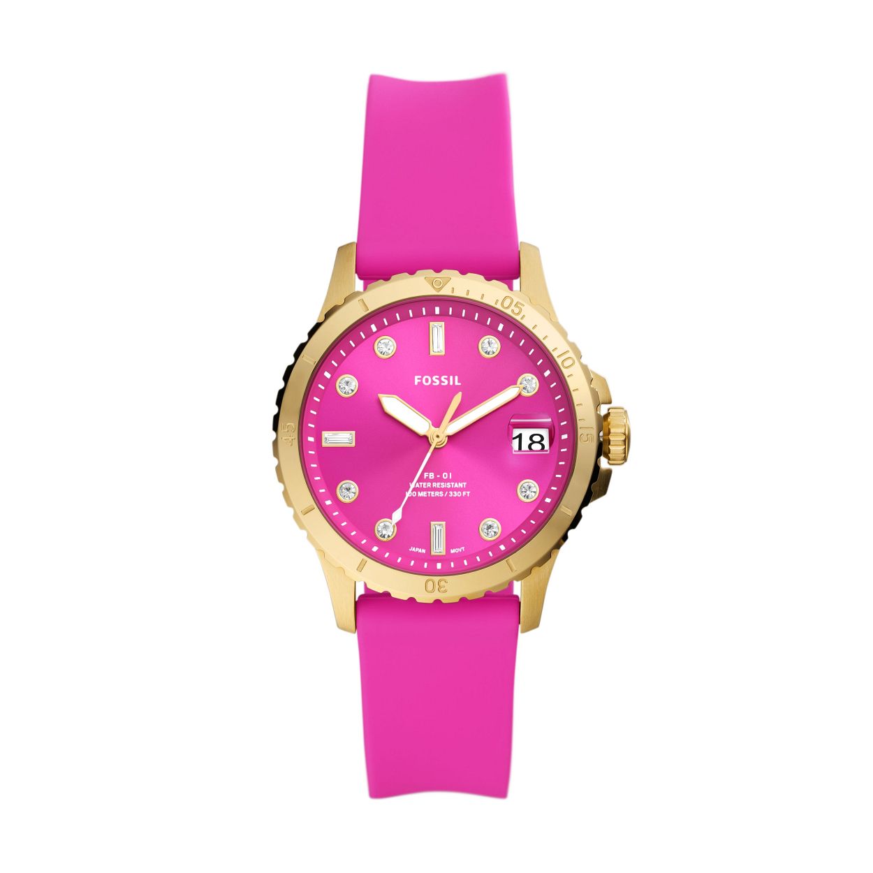 Duik in kleur met ons klassieke, op duiken ge�nspireerde FB-01 horloge. Het heeft een roze siliconen bandje, een goudkleurige bovenring, kristallen uuraanduiding en een lichtreflecterende roze sunray-wijzerplaat. Klaar voor de zomer? Ja. Een echte statement maker? Ongetwijfeld.