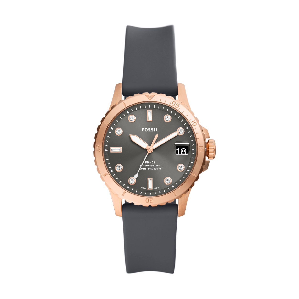 Klaar voor het seizoen? Ja. Een echte statement maker? Ongetwijfeld. Ons klassieke, op duiken geinspireerde FB-01 horloge heeft een grijs siliconen bandje, een roségoudkleurige bovenring, kristallen uur aanduiding en een licht reflecterende grijze sunray-wijzerplaat.