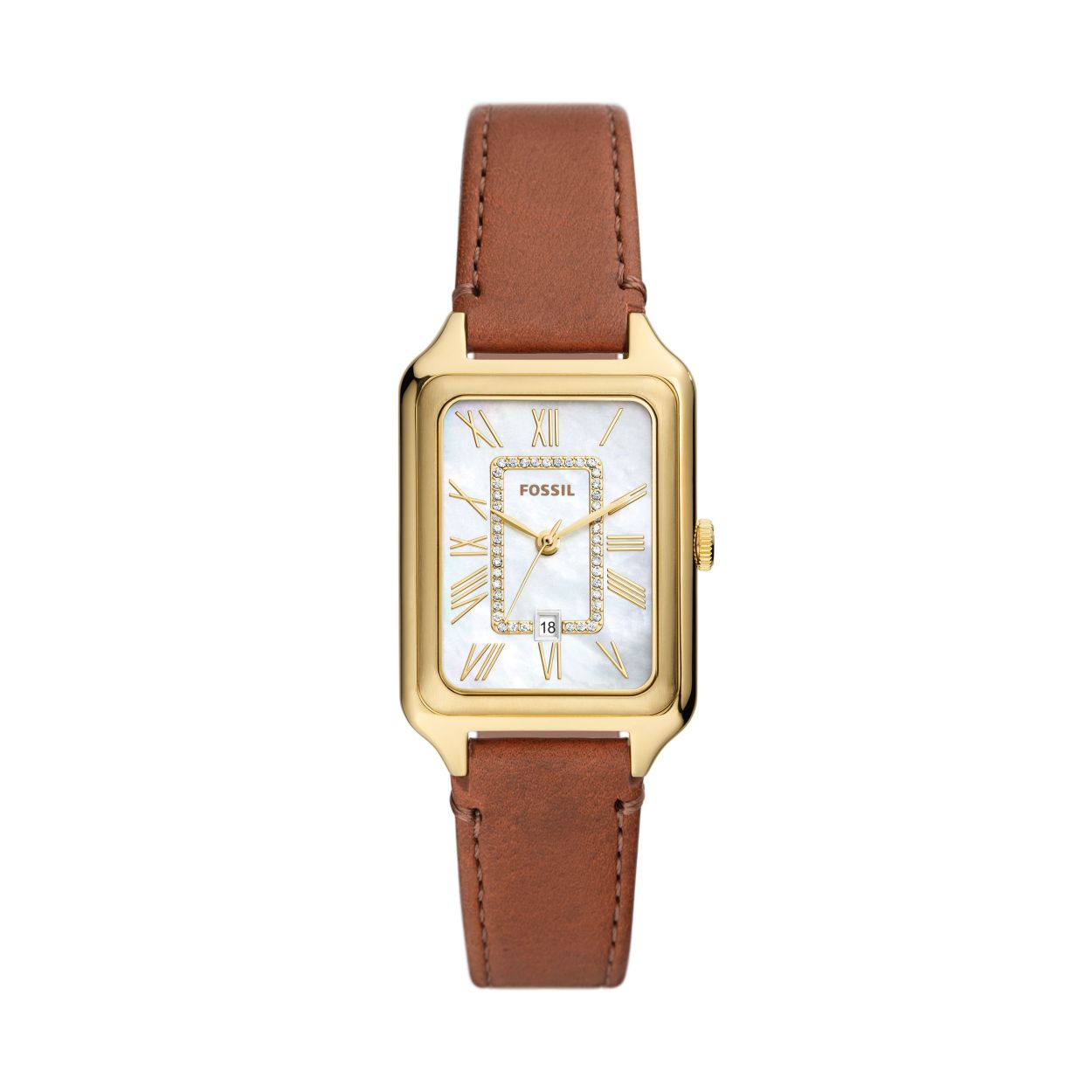 Een echt icoon uit onze archieven, het rechthoekige Raquel horloge is ge�pdatet met een trendy look. Slank en veelzijdig, met een parelmoeren wijzerplaat en een glitter binnenframe, uurwerk met drie wijzers en datum, en een bruin LiteHide� leren bandje.