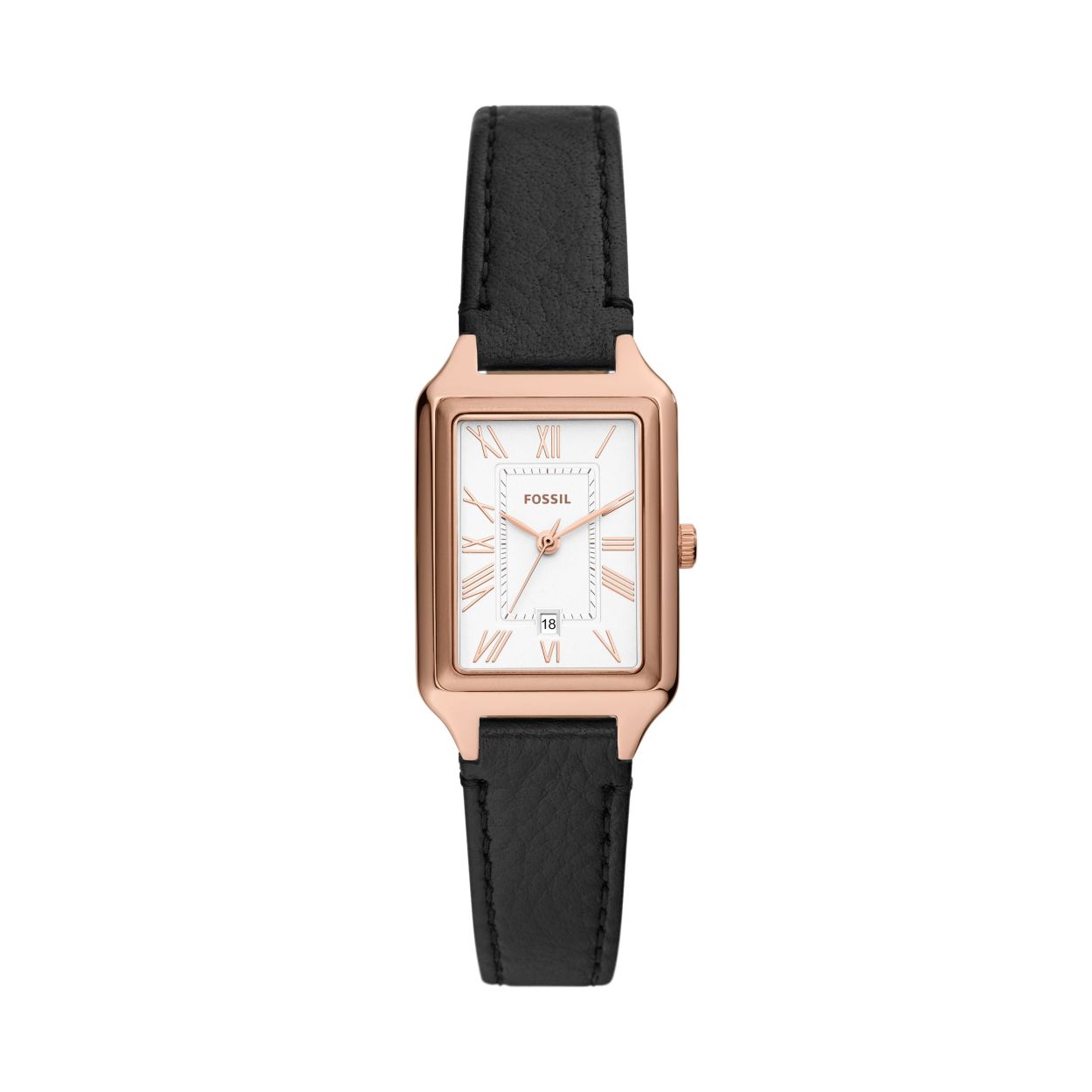 Deze Raquel van 23mm heeft een wit satijnen wijzerplaat, uurwerk met drie wijzers en datum en een zwart LiteHide leren bandje.