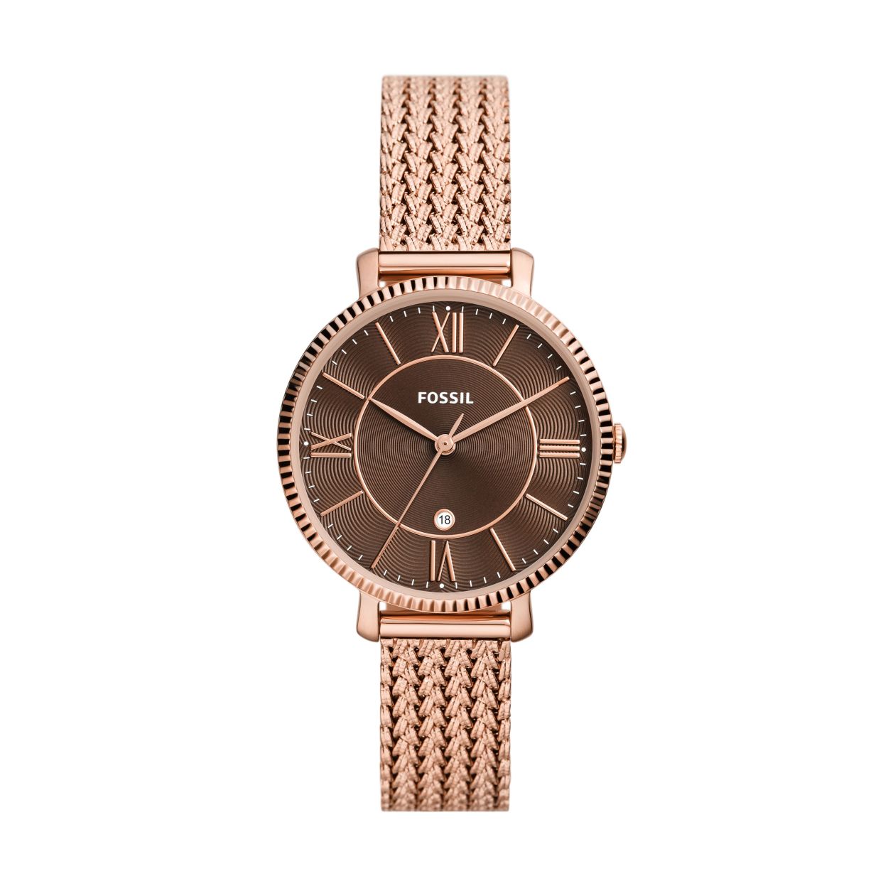 Deze Jacqueline van 36�mm heeft een bruine cd-afwerking getextureerde wijzerplaat, uurwerk met drie wijzers en datum, en een ros�goudkleurig roestvrijstalen mesh bandje.