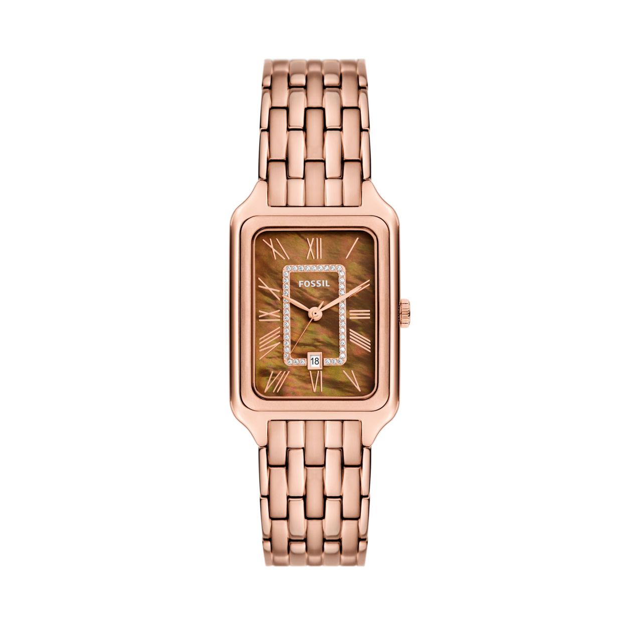Dit Fossil horloge, uit de Raquel collectie, heeft een Rosé vergulde stalen band en kast. De wijzerplaat is van bruin parelmoer met een rand van glinsterede steentjes en heeft rosékleurige indexen en wijzers.