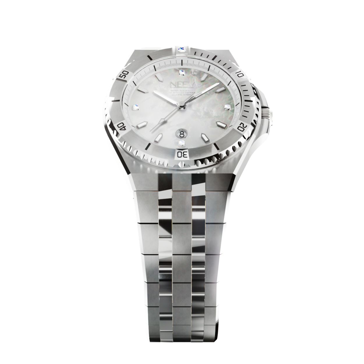 De Date34 is ons nieuwste model. Dit 34mm dameshorloge is er in 14 varianten. Dit nieuwe model is standaard uitgevoerd met 5 Swarovski stenen, hoogwaardig staal, saffierglas met AR coating en een parelmoer wijzerplaat.
