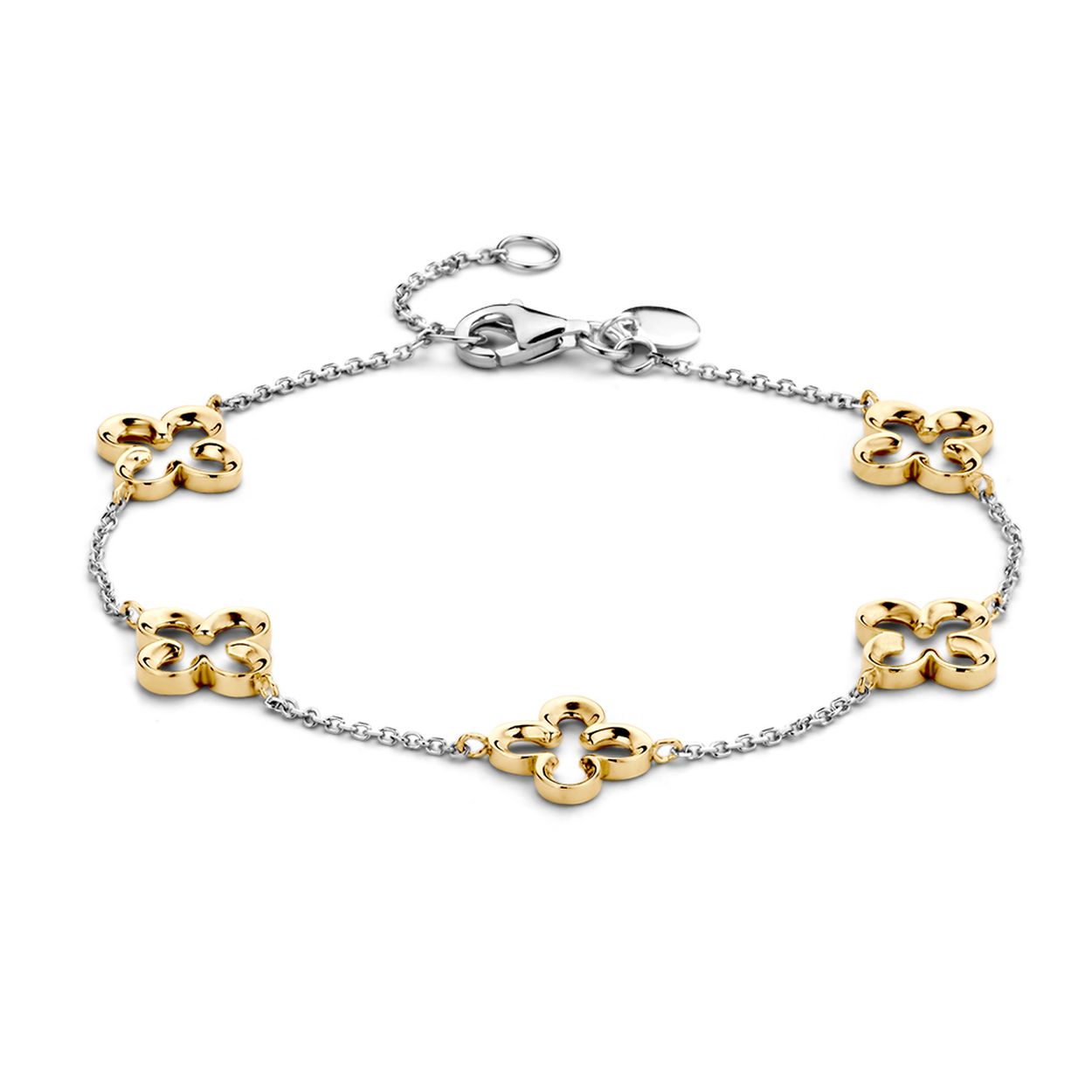 Bicolor wit- en geelgouden armband met ankerschakel en opengewerkte bloemen. Deze armband is onderdeel van een set.