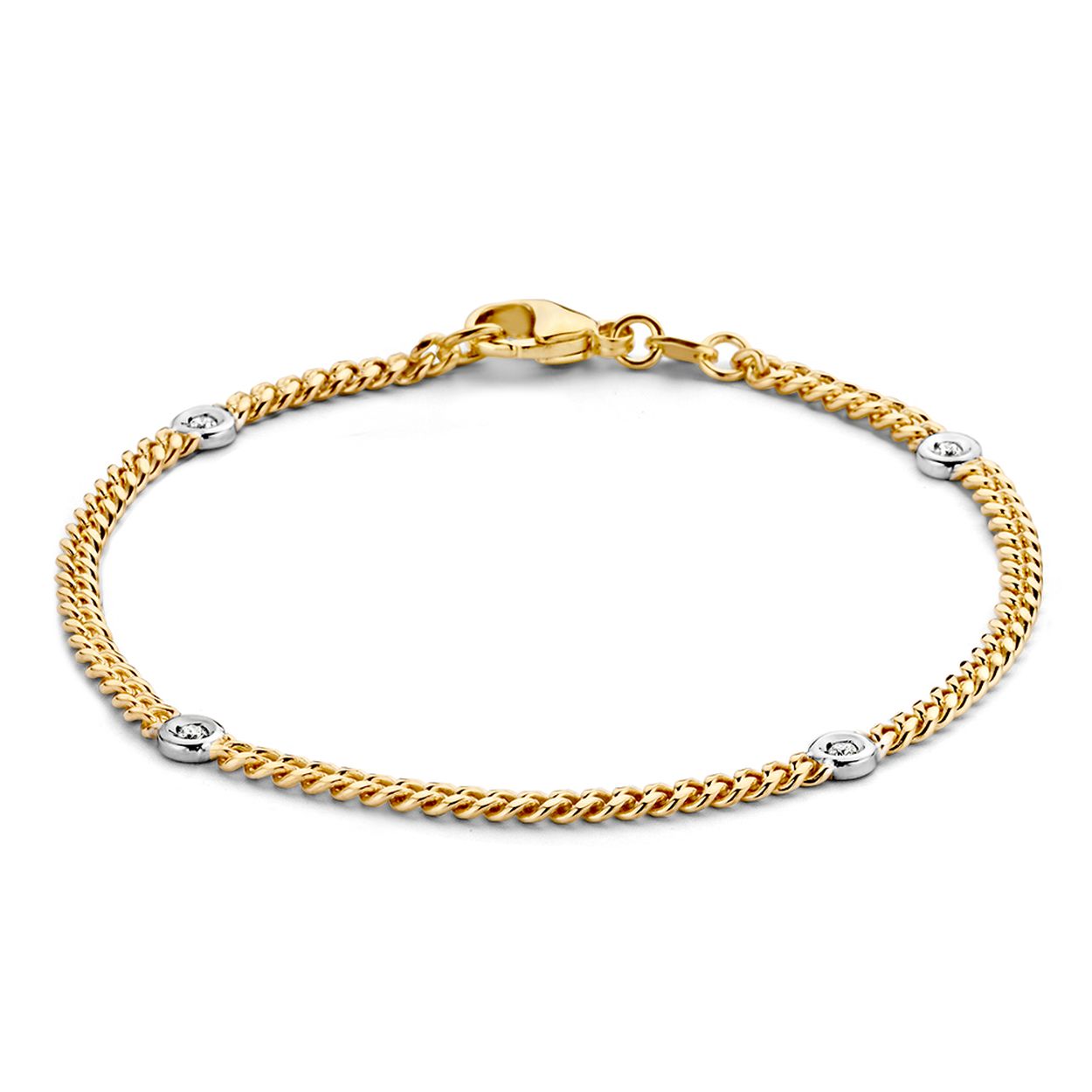 Bicolor gouden armband met gourmetschakel en 4 ronde zetkastjes met briljant.
