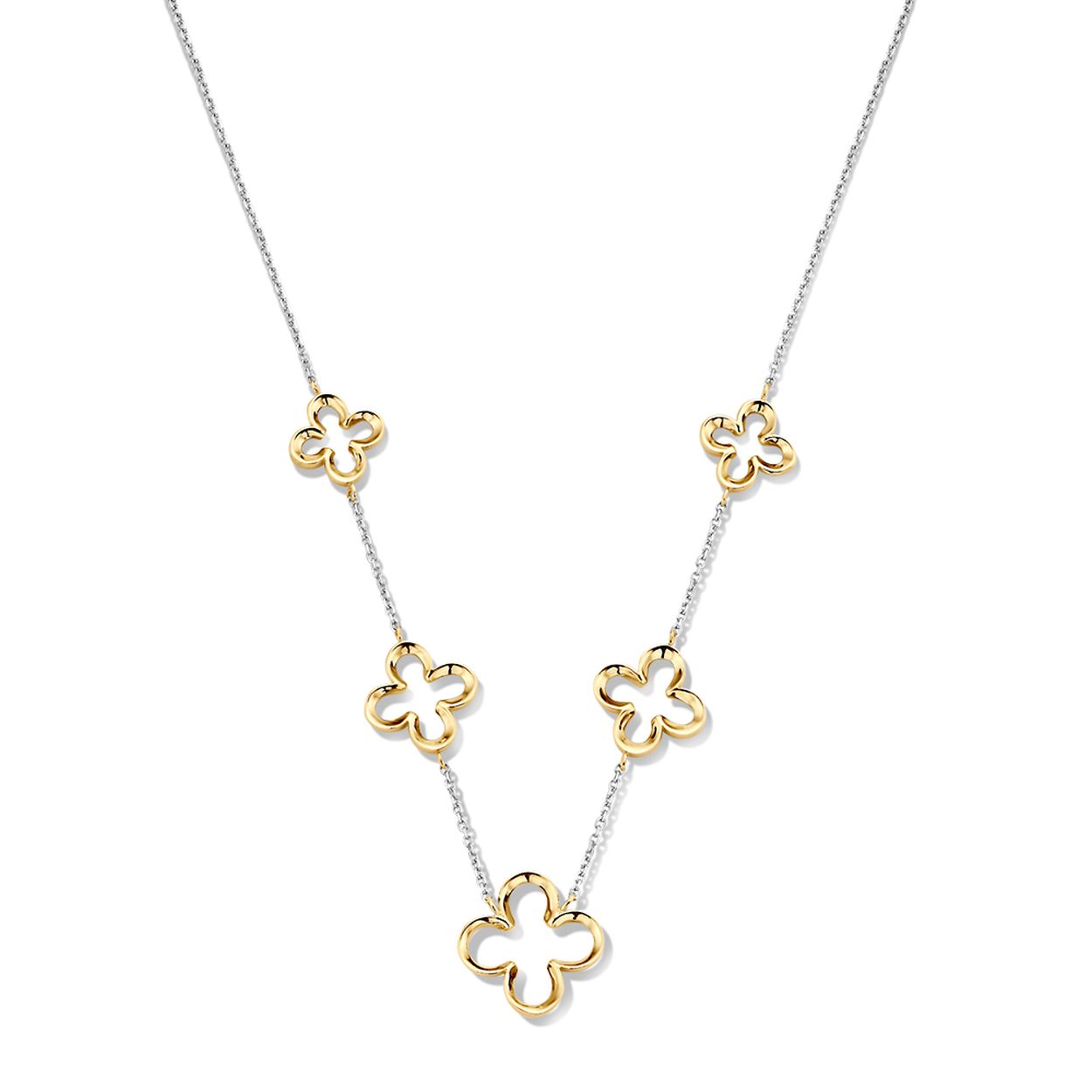 Bicolor wit- en geelgouden collier met ankerschakel en opengewerkte bloemen. Dit collier is onderdeel van een set.
