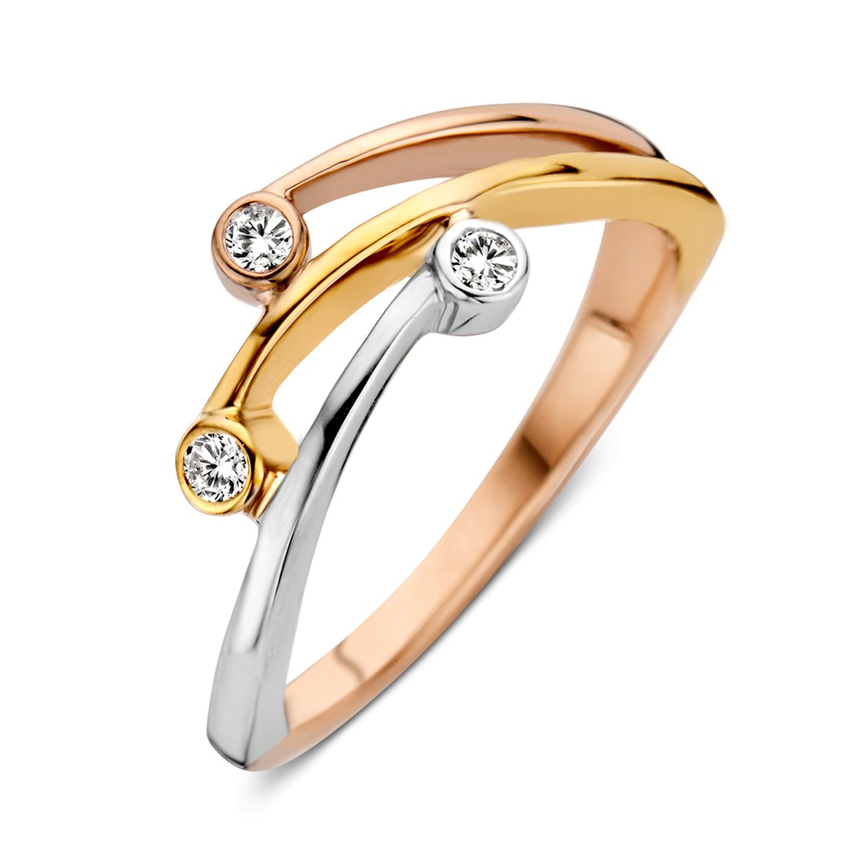 Tricolor gouden damesring met zirkonia.
 Maat 56