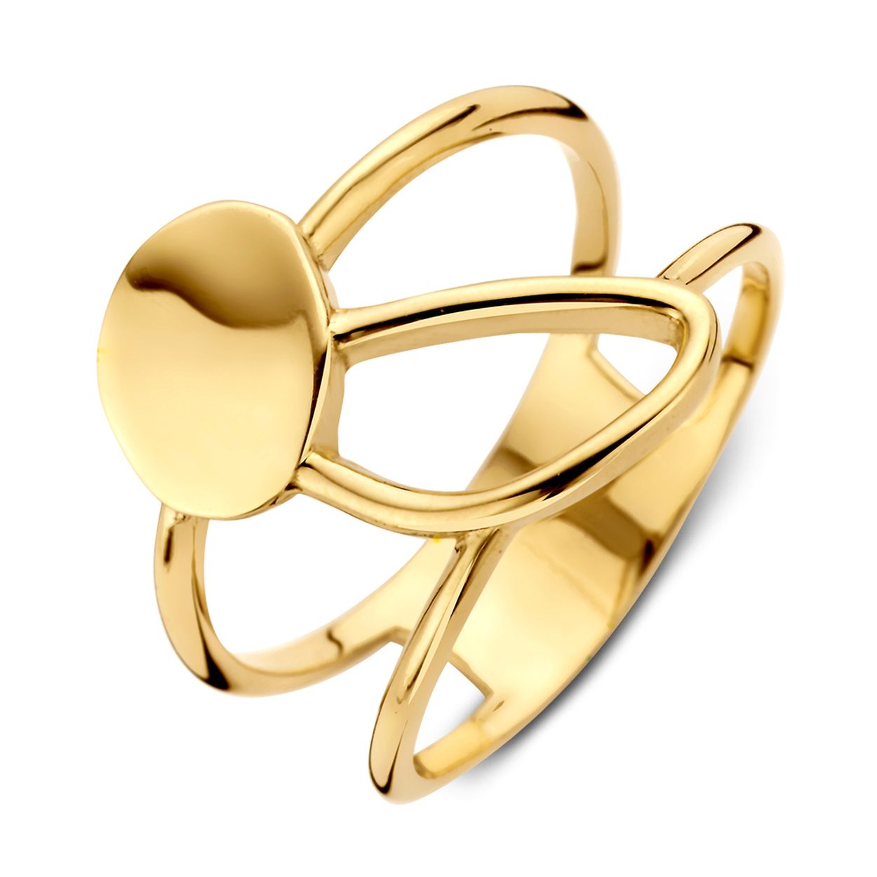 Geelgouden ring met speels design.
 Maat 56