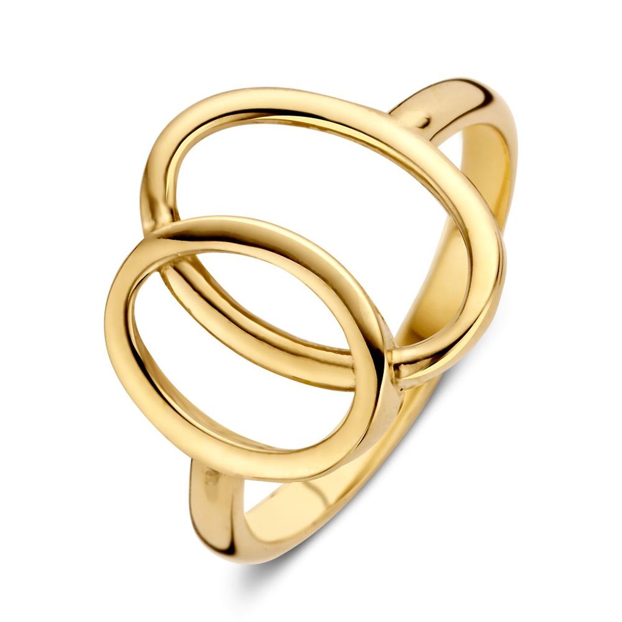 Geelgouden damesring met speels design.
 Maat 56