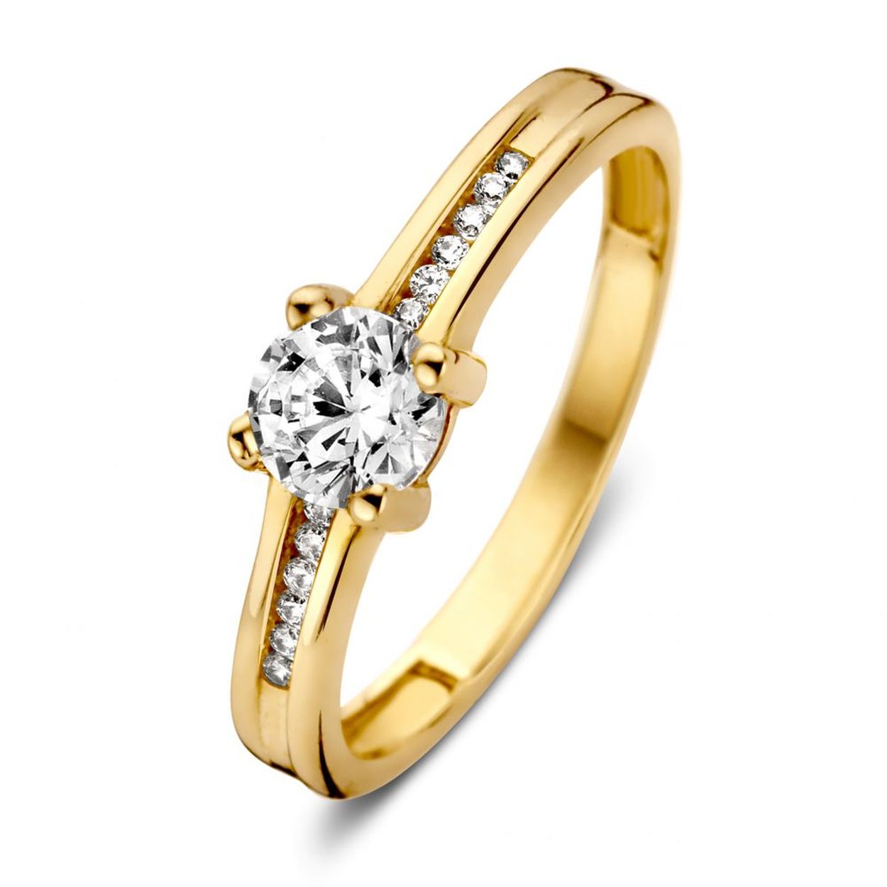 Geelgouden ring met zijstenen / zirkonia's 
 Maat 56
