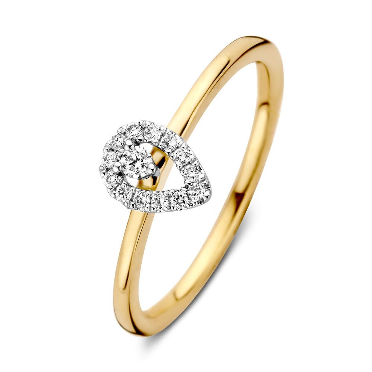 Bicolor geel- en witgouden ring met diamant gezet in druppelvorm. De ring heeft een verhoogde zetting, waardoor hij perfect kan worden gecombineerd met andere ringen.
 Maat 56