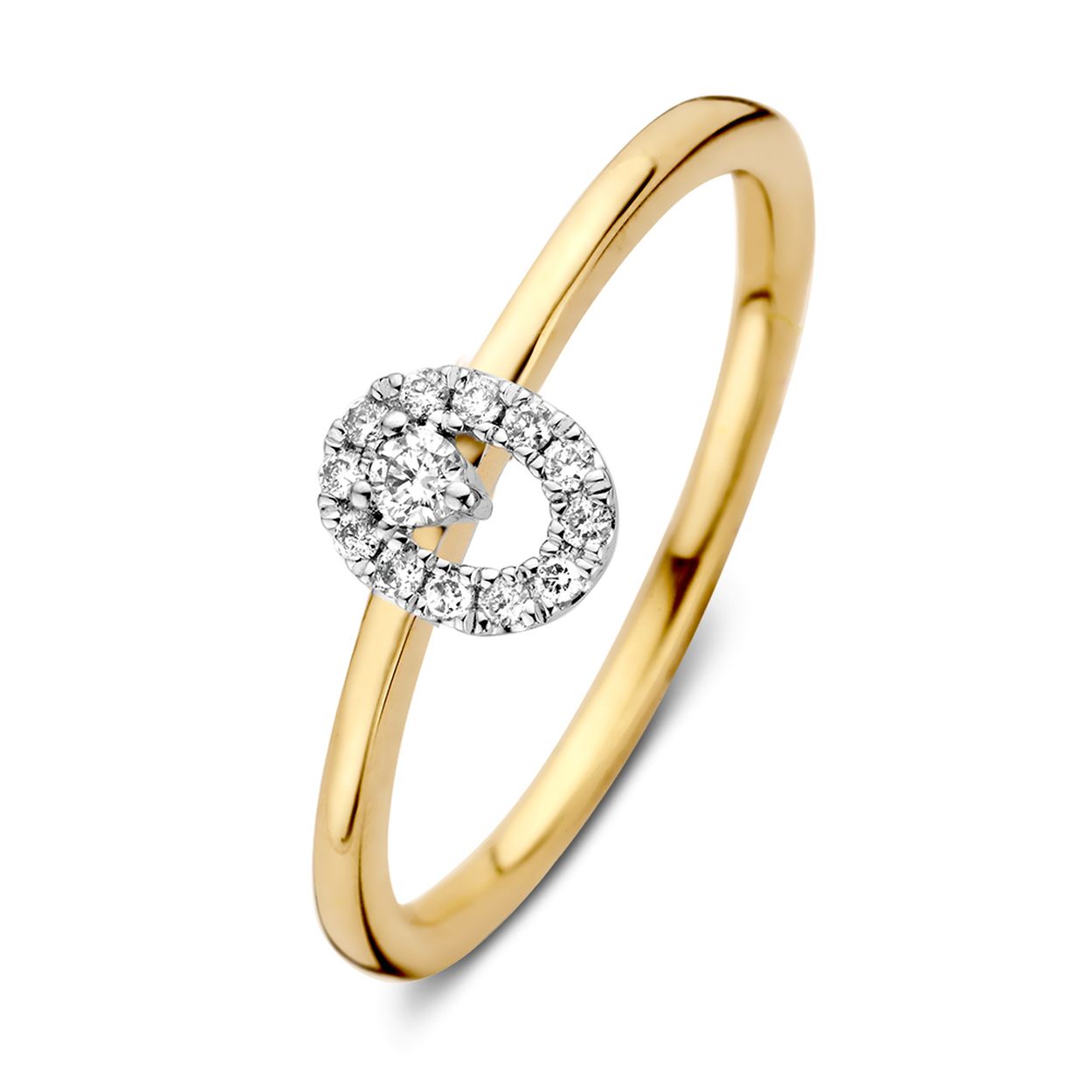 Bicolor wit- en geelgouden damesring met diamanten in ovale zetting. Dankzij de verhoogde zetting is de ring prachtig te combineren met andere ringen.
 Maat 56