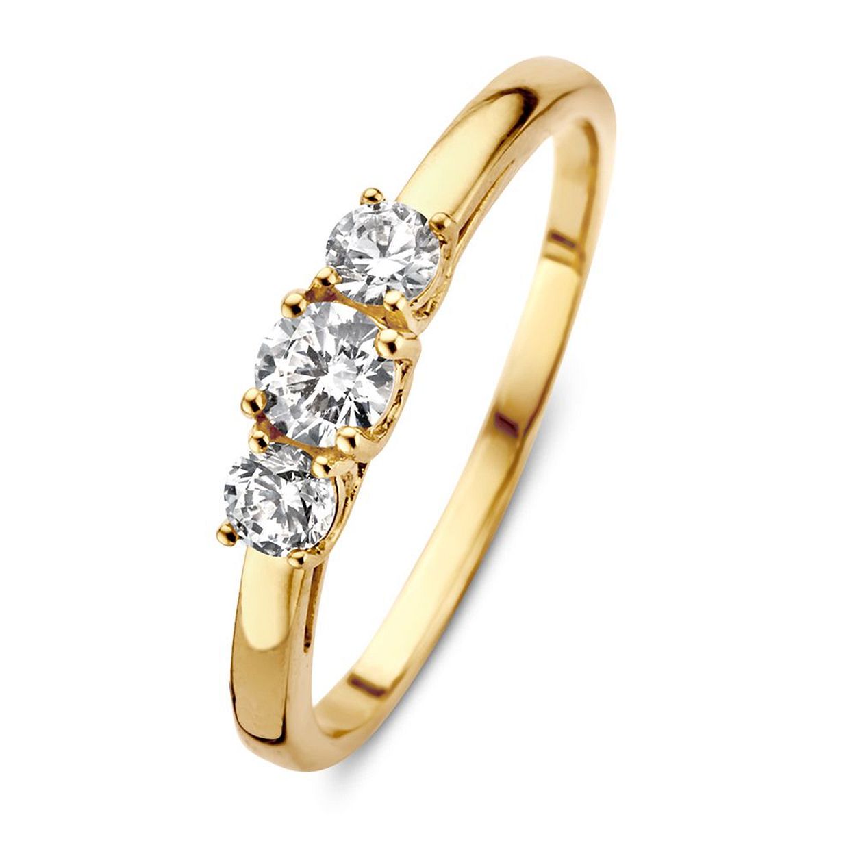 Geelgouden damesring met zirkonia in een prachtige driesteenszetting.�
