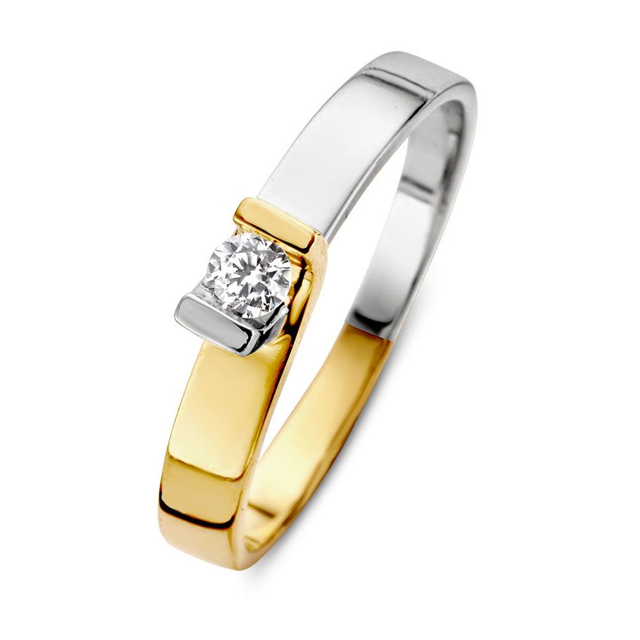 Bicolor wit- en geelgouden ring met zirkonia in strak design.
