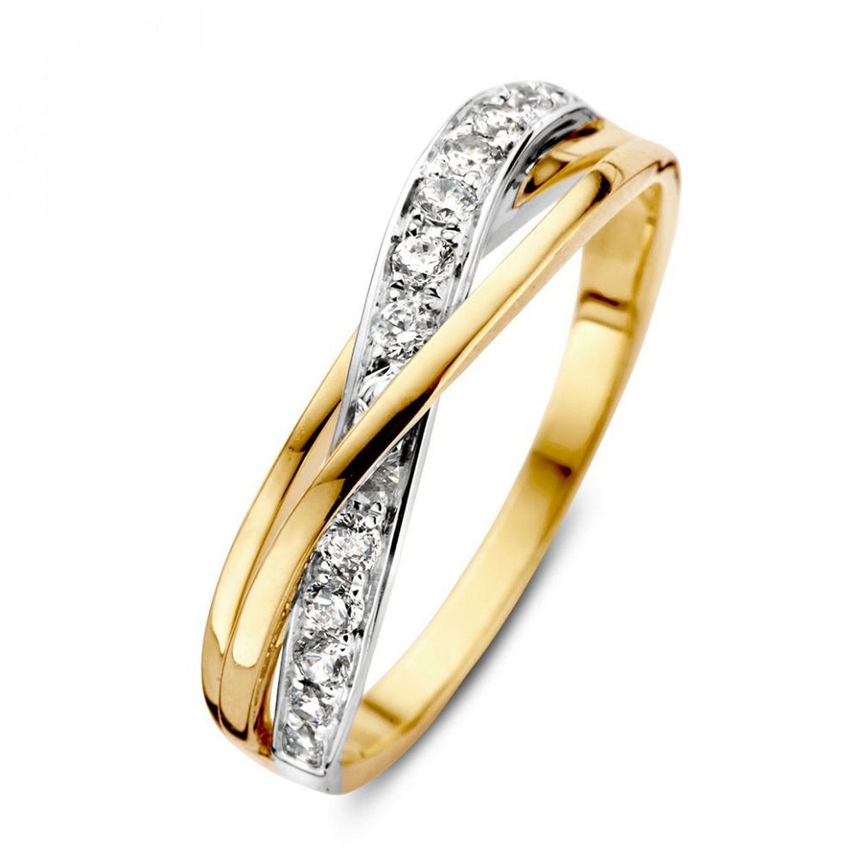 Bicolor wit- en geelgouden ring met zirkonia's.
