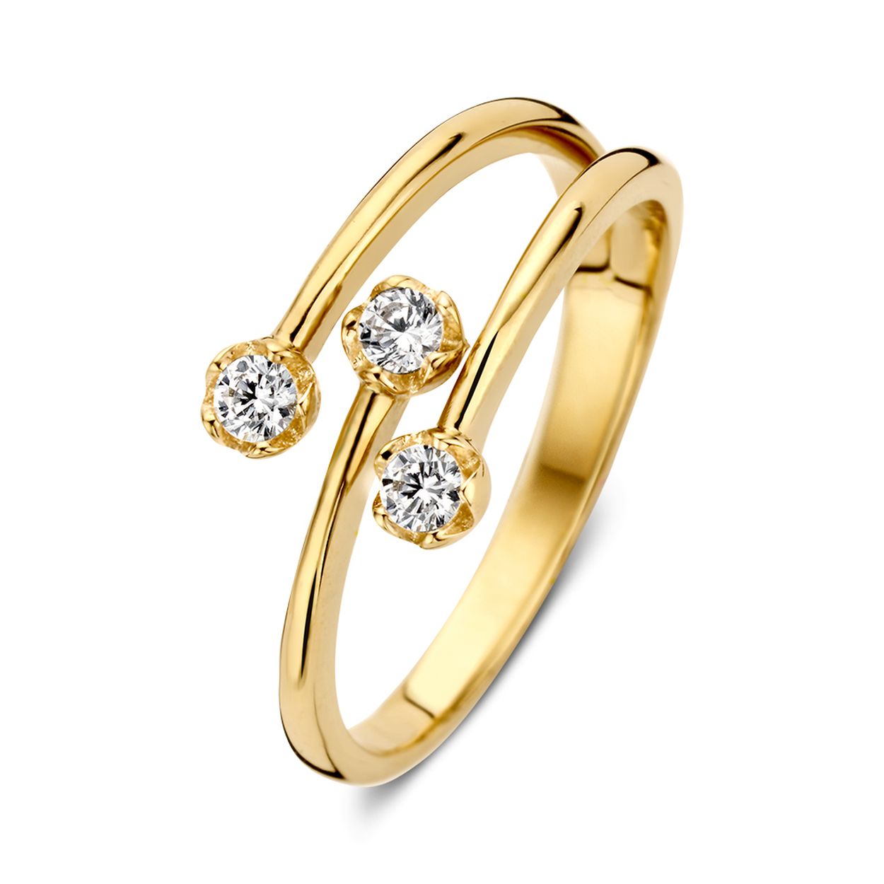 Moderne speelse geelgouden ring met 3 zirkonia.

De ring is in diverse maten leverbaar
