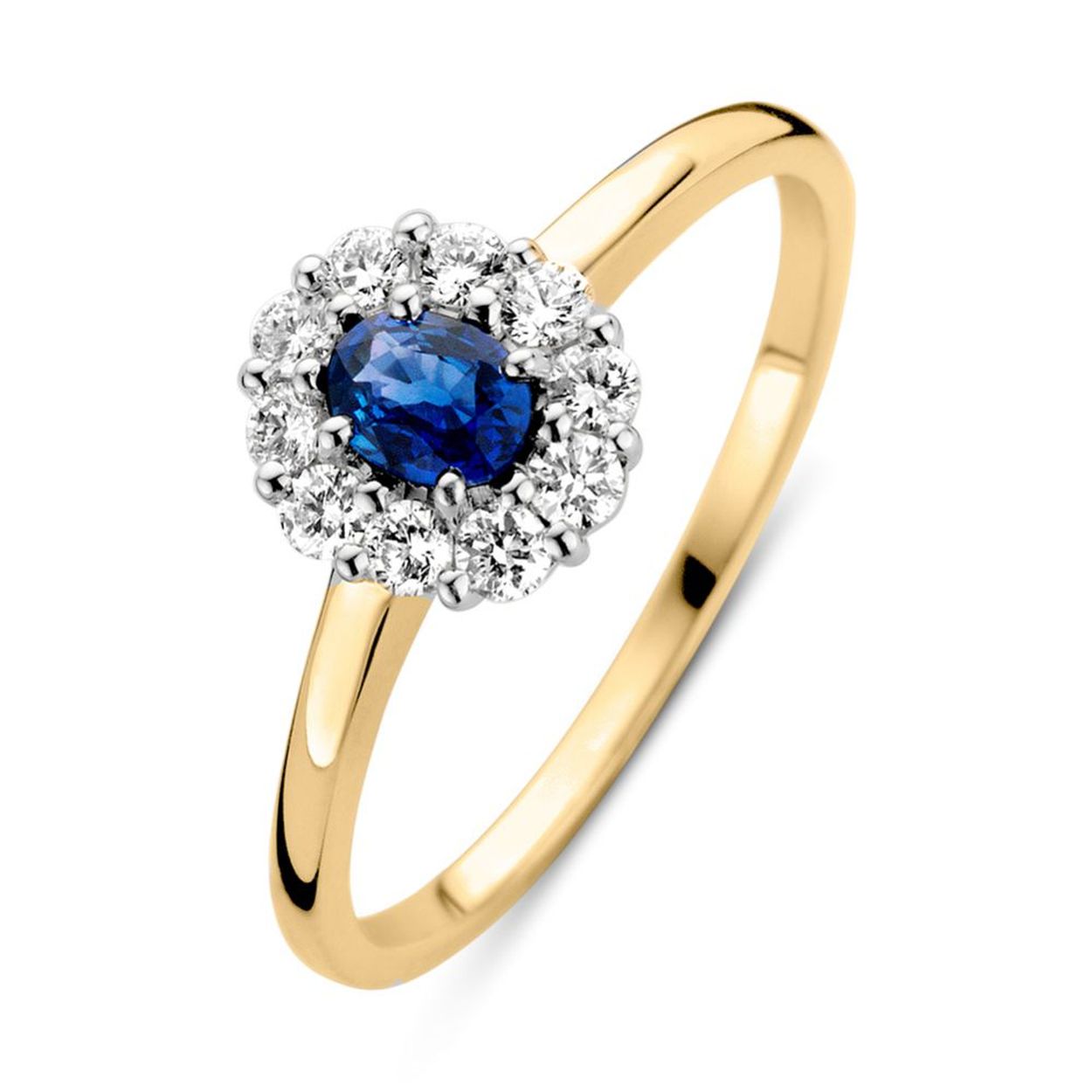 Geelgouden entourage ring met diamant ensaffier.