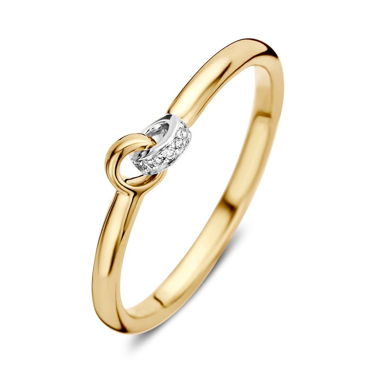 Bicolor geel- en witgouden ring met een knoopje gezet met briljant. Deze ring kan naadloos tegen andere ringen aangedragen.
 Maat 58