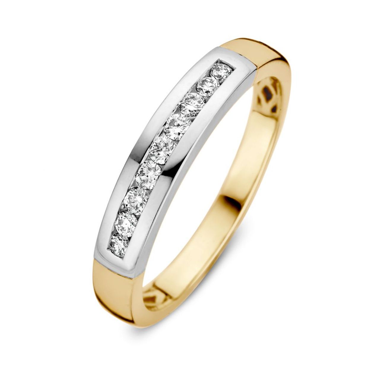 Bicolor geel- en witgouden ring met briljant in een railszetting (0,20 crt.)�. Deze ring kan naadloos tegen andere ringen worden aangedragen.
 Maat 56