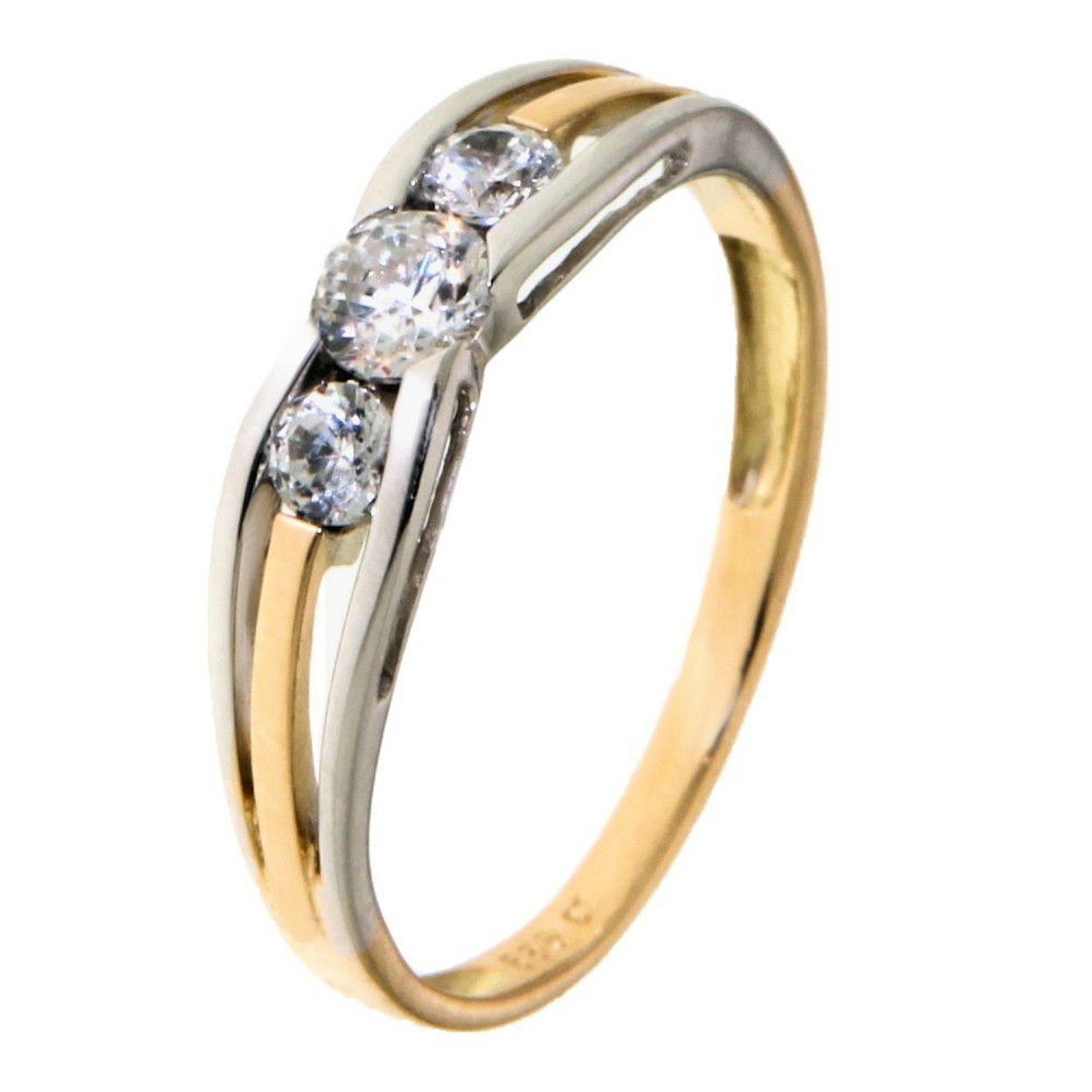 Bicolor wit- en geelgouden damesring met zirkonia's.
