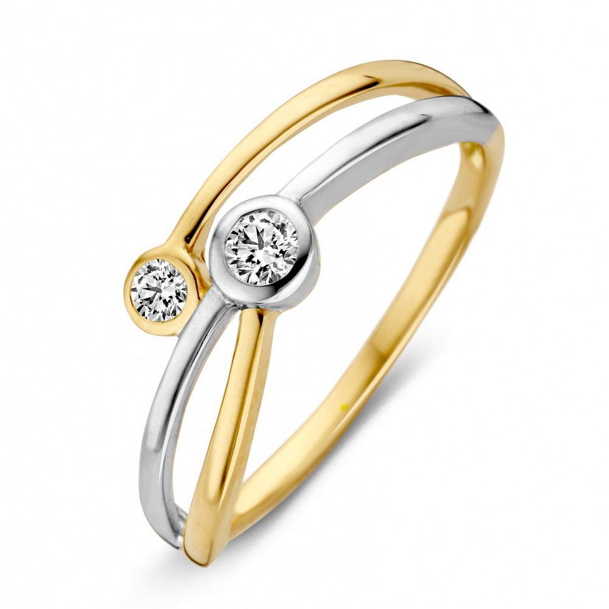 Gouden Bic ring met 2-steens CZ