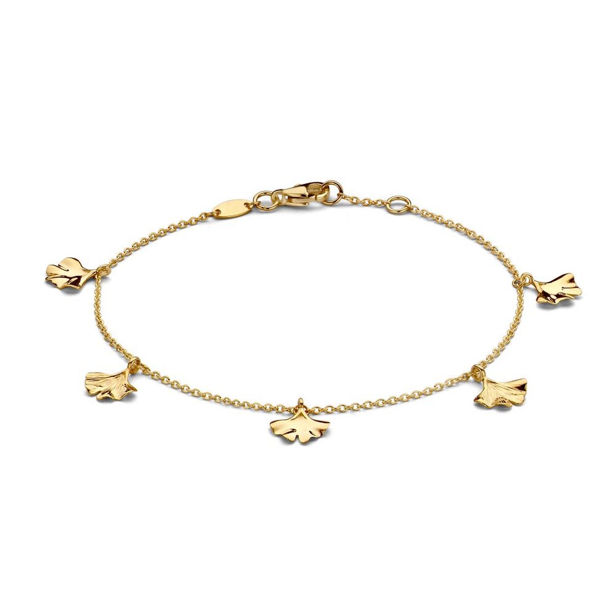 Geelgouden armband met speelse ginkgo bladeren.