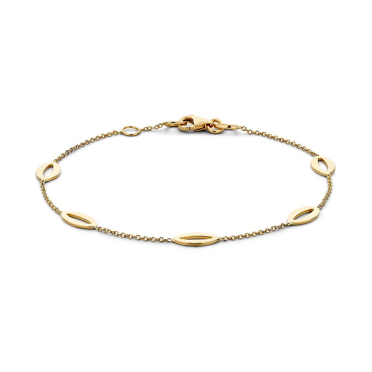 Fijne 14 karaat geelgouden armband met ovale elementjes. Leuk om zo te dragen, maar kan ook goed met andere armbanden of een horloge worden gecombineerd.